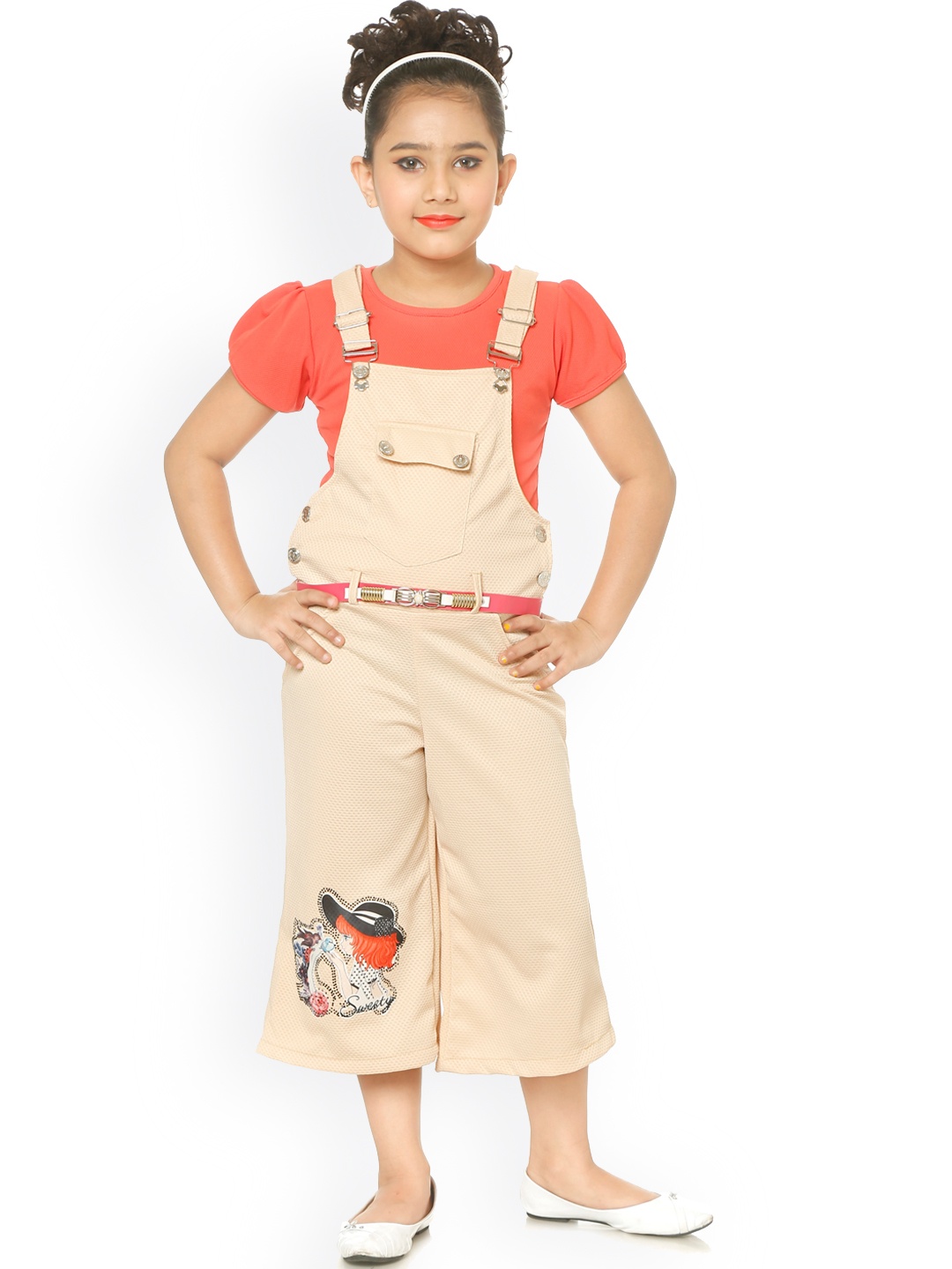 

BAESD Girls Graphic Printed Cropped Dungaree, Beige