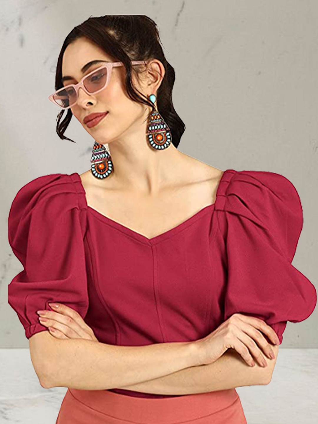 

N N ENTERPRISE Maroon Puff Sleeve Top