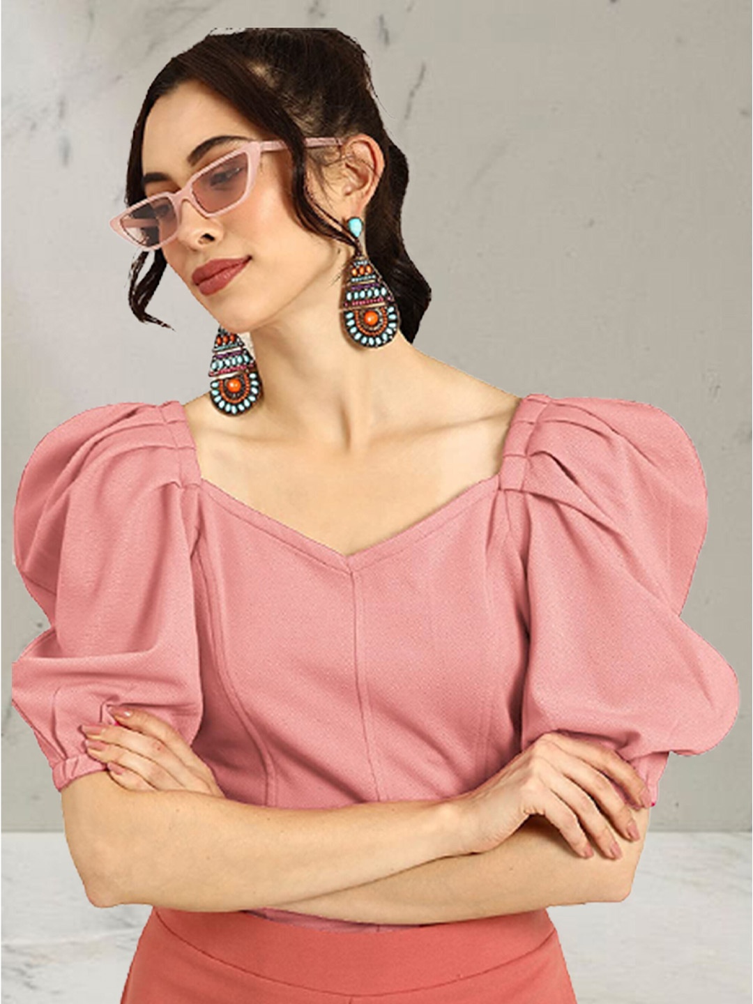 

N N ENTERPRISE Peach-Coloured Puff Sleeve Top