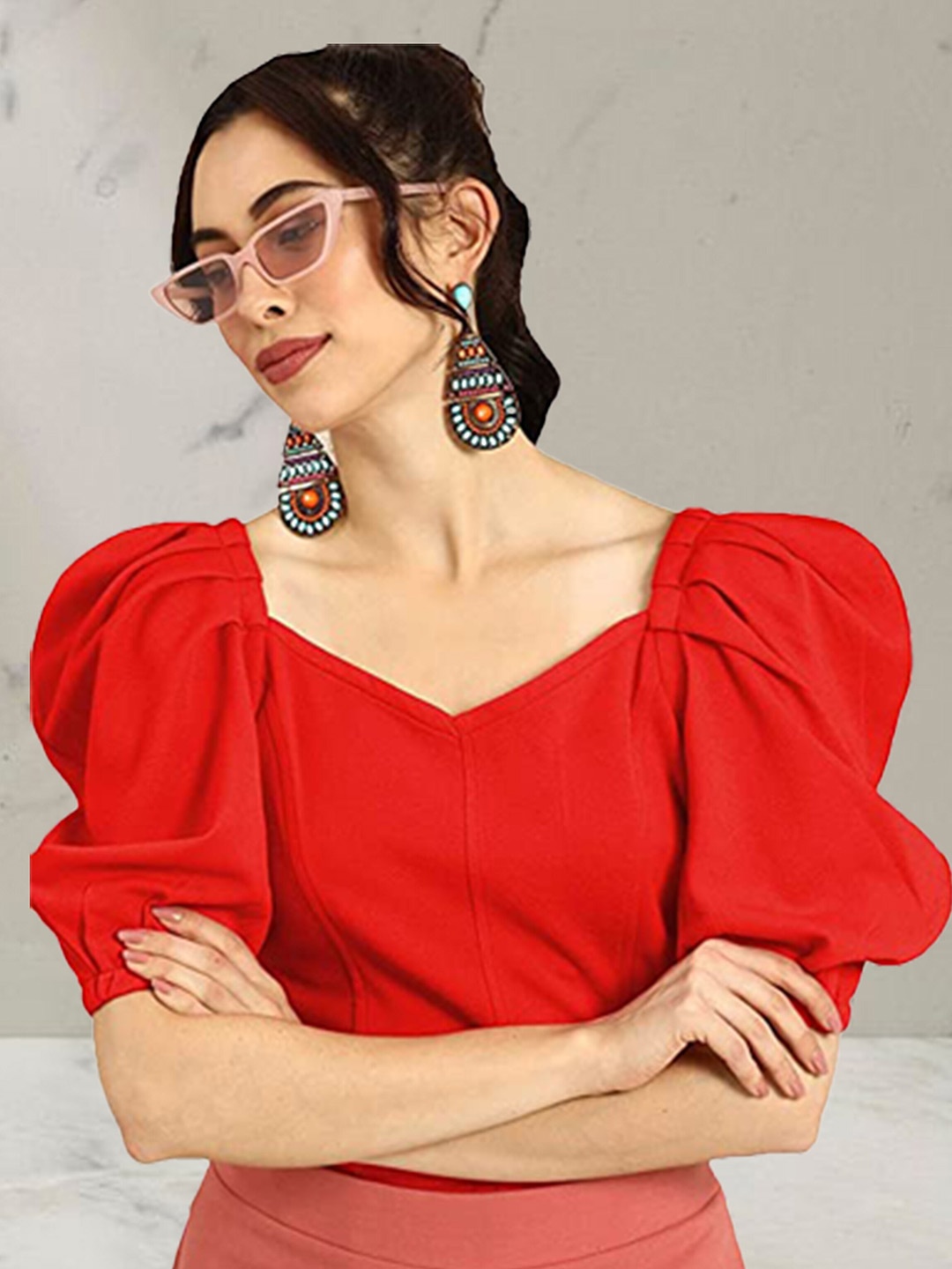 

N N ENTERPRISE Red Puff Sleeve Top