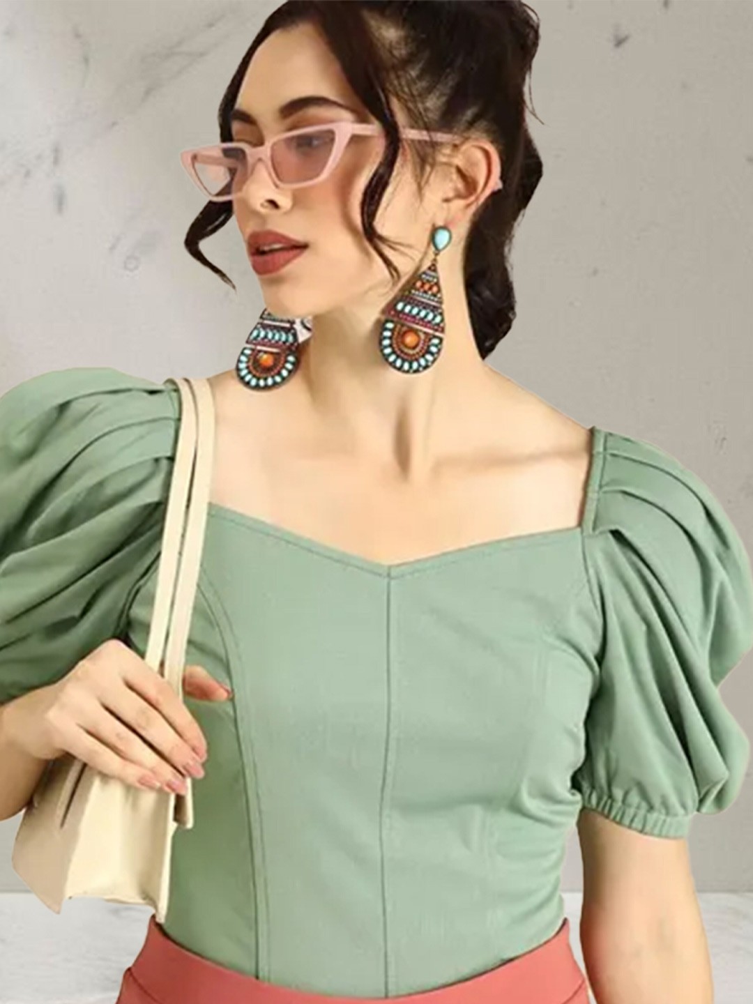 

N N ENTERPRISE Sea Green Tie-Up Neck Top