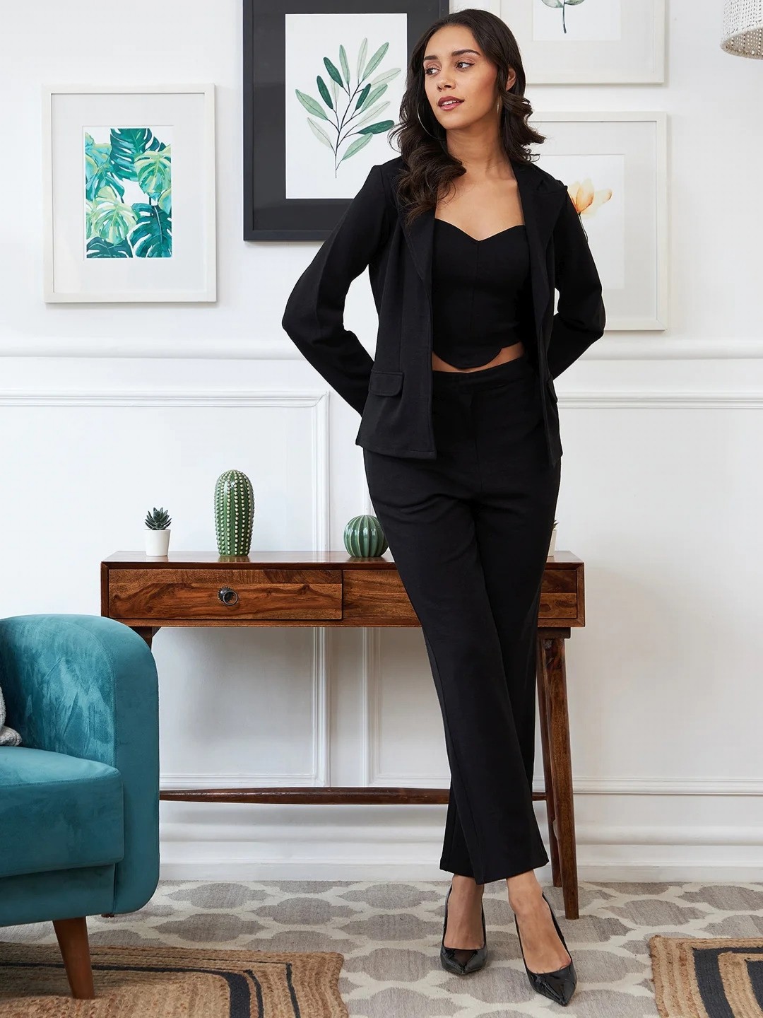 

Paramparik Textile Crop Top With Trouser & Jacket, Black