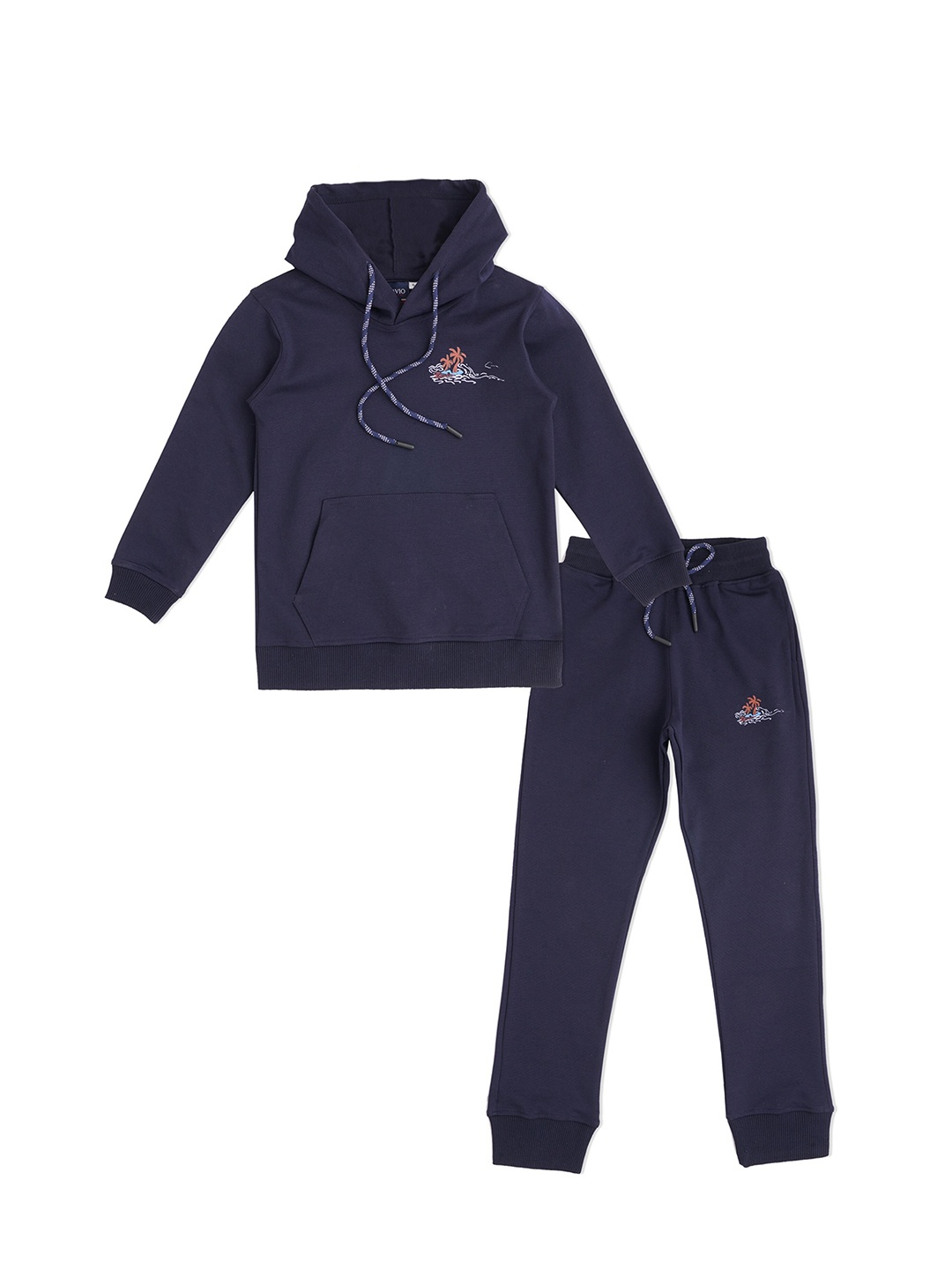 

CAVIO Boys Palm Tree Printed Pure Cotton Hooded Sweatshirt & Jogger Set, Navy blue