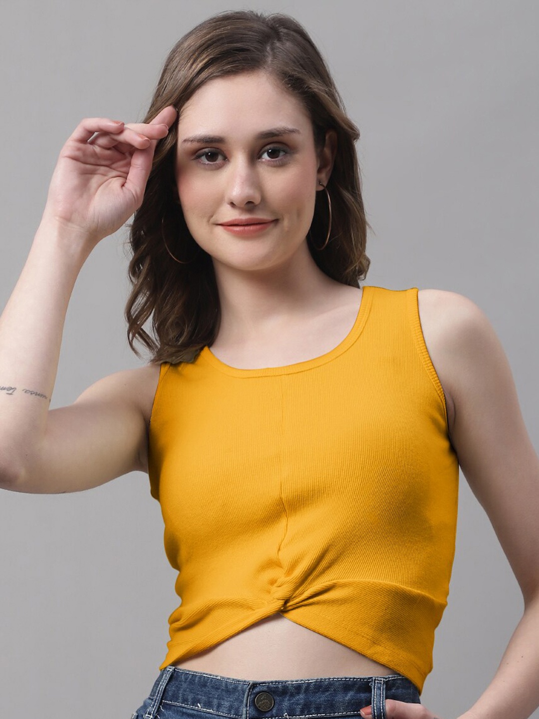 

FBAR Round Neck Sleeveless Cotton Crop Top, Gold