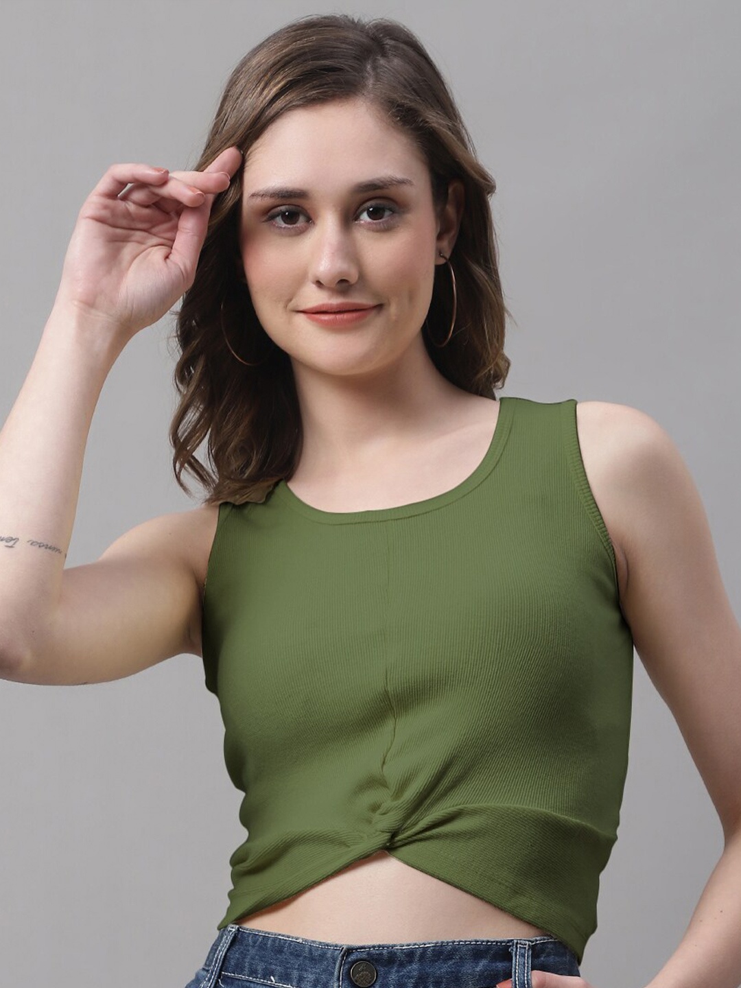 

FBAR Round Neck Sleeveless Cotton Crop Top, Olive