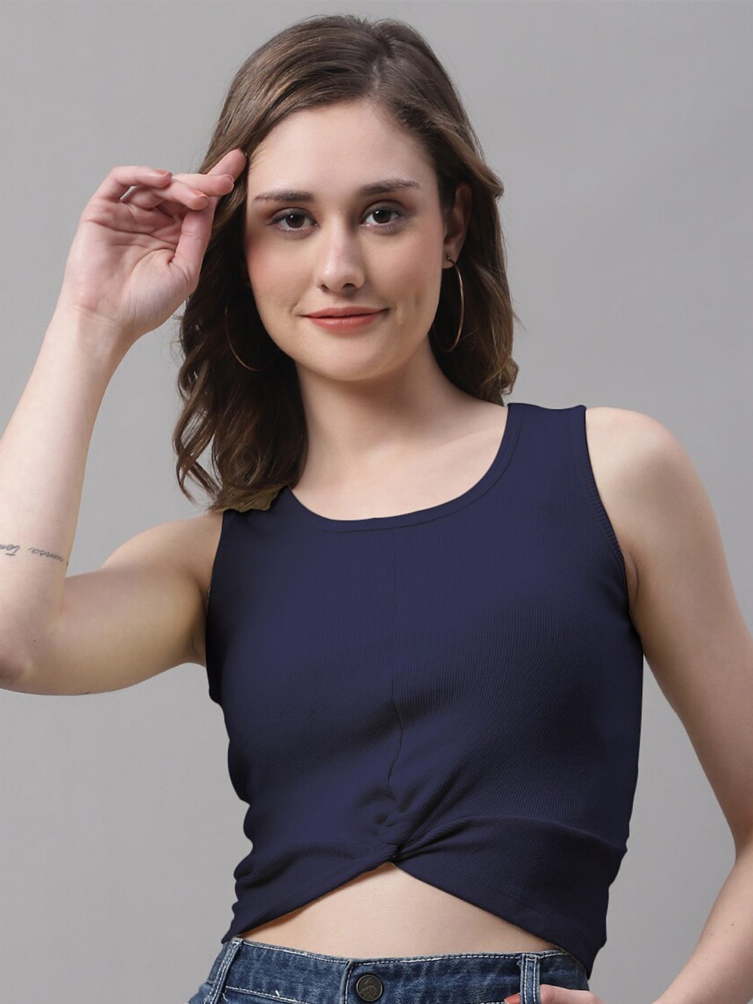 

FBAR Round Neck Sleeveless Cotton Crop Top, Navy blue