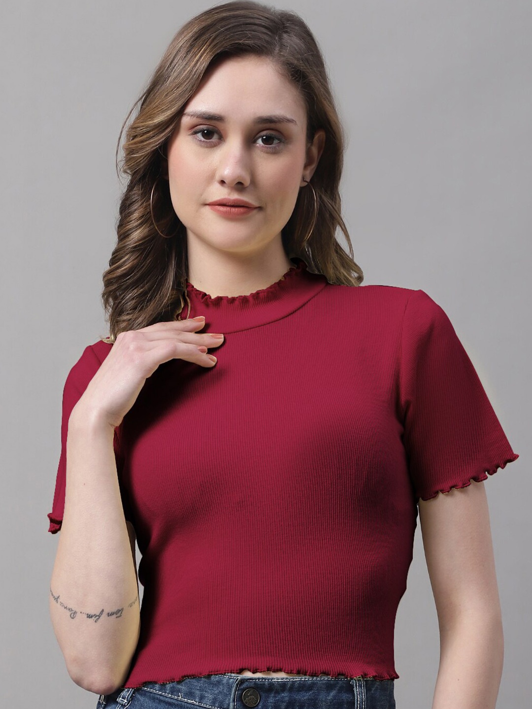 

FBAR High Neck Short Sleeves Cotton Crop Top, Maroon