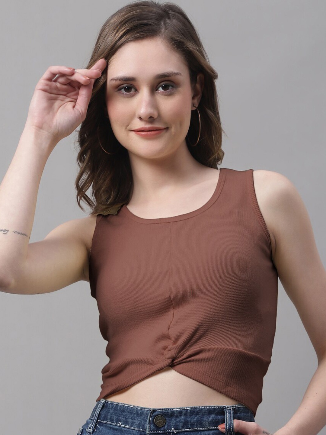 

FBAR Shoulder Straps Twisted Cotton Crop Top, Brown