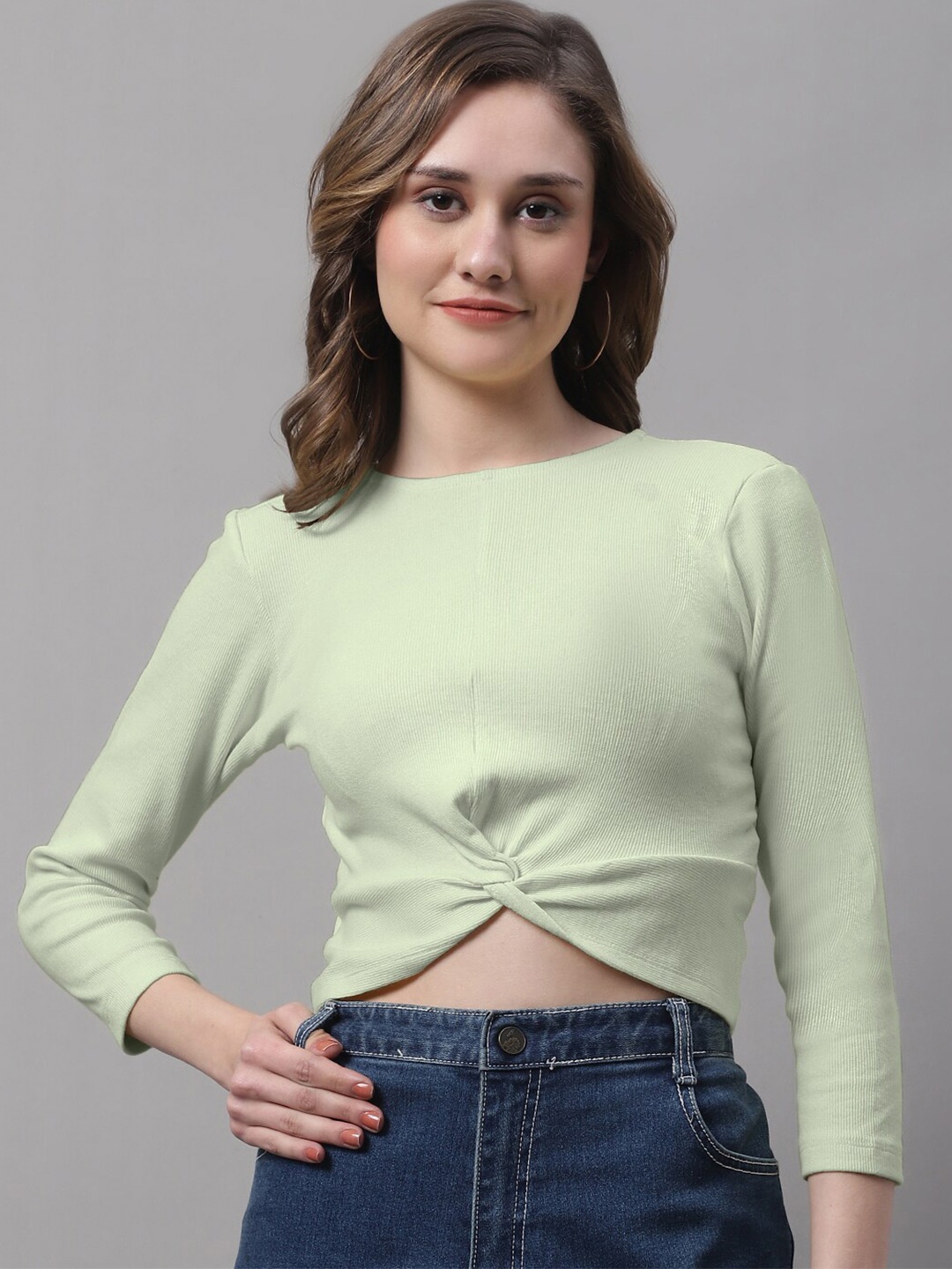 

FBAR Round Neck Twisted Cotton Crop Top, Sea green