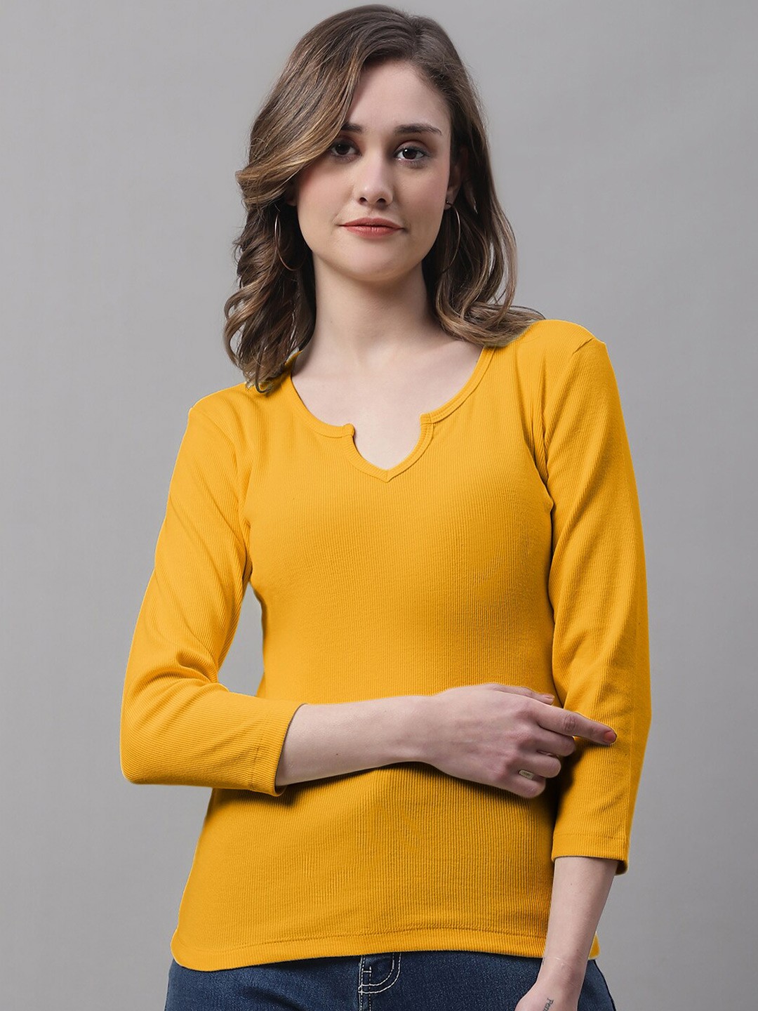 

FBAR Round Neck Cotton Regular Top, Mustard