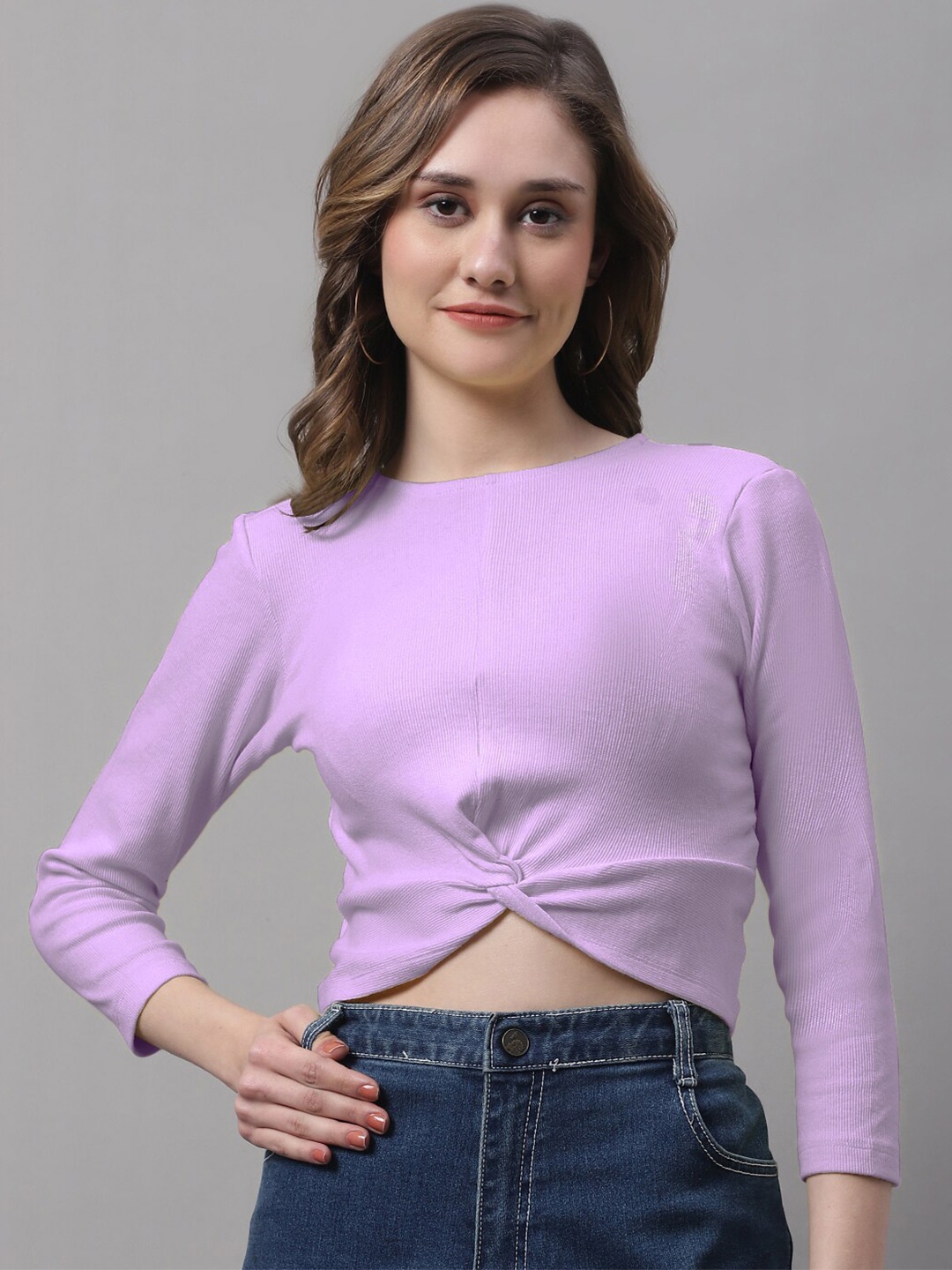 

FBAR Round Neck Twisted Cotton Fitted Crop Top, Purple