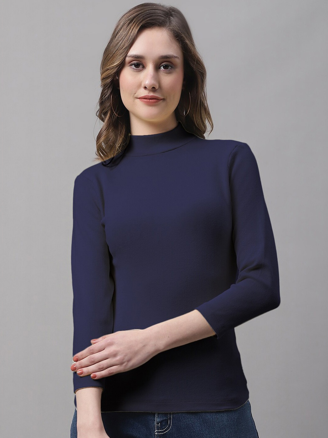 

FBAR High Neck Cotton Regular Top, Navy blue