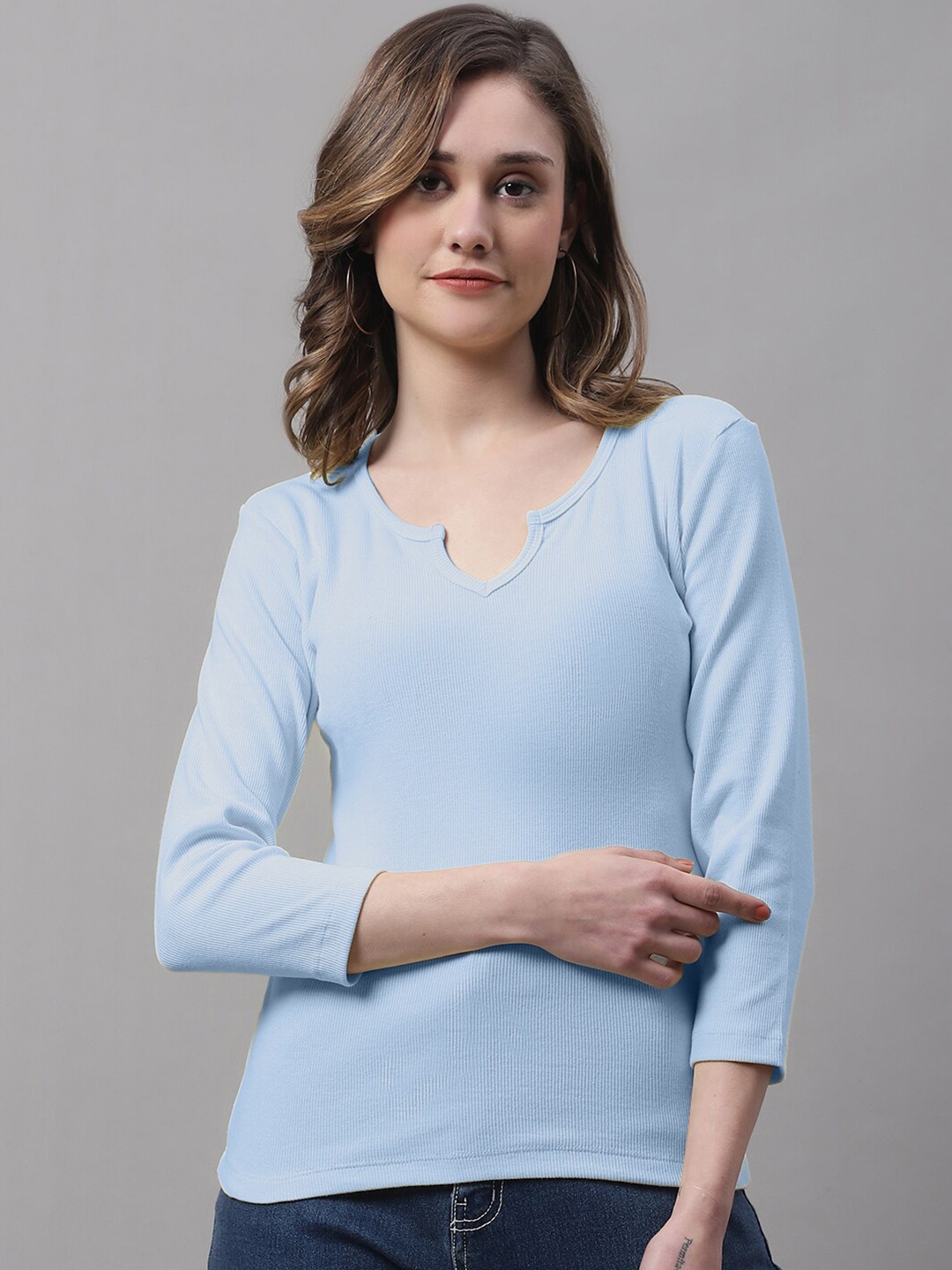 

FBAR Round Neck Cotton Regular Top, Turquoise blue