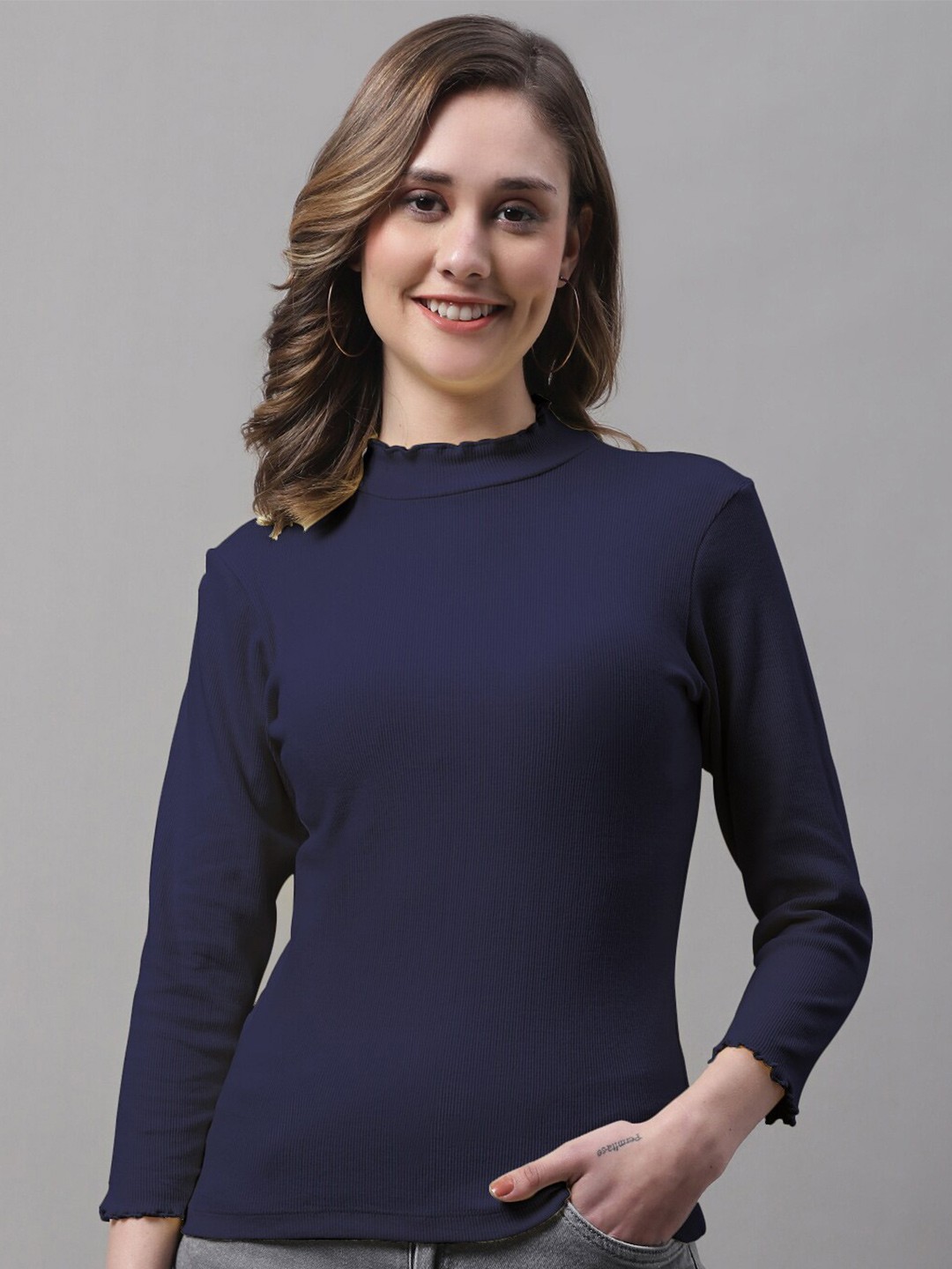 

FBAR High Neck Cotton Regular Top, Navy blue