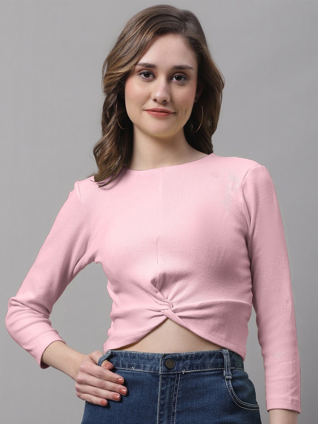 

FBAR Cut-Out Round Neck Cotton Fitted Crop Top, Pink