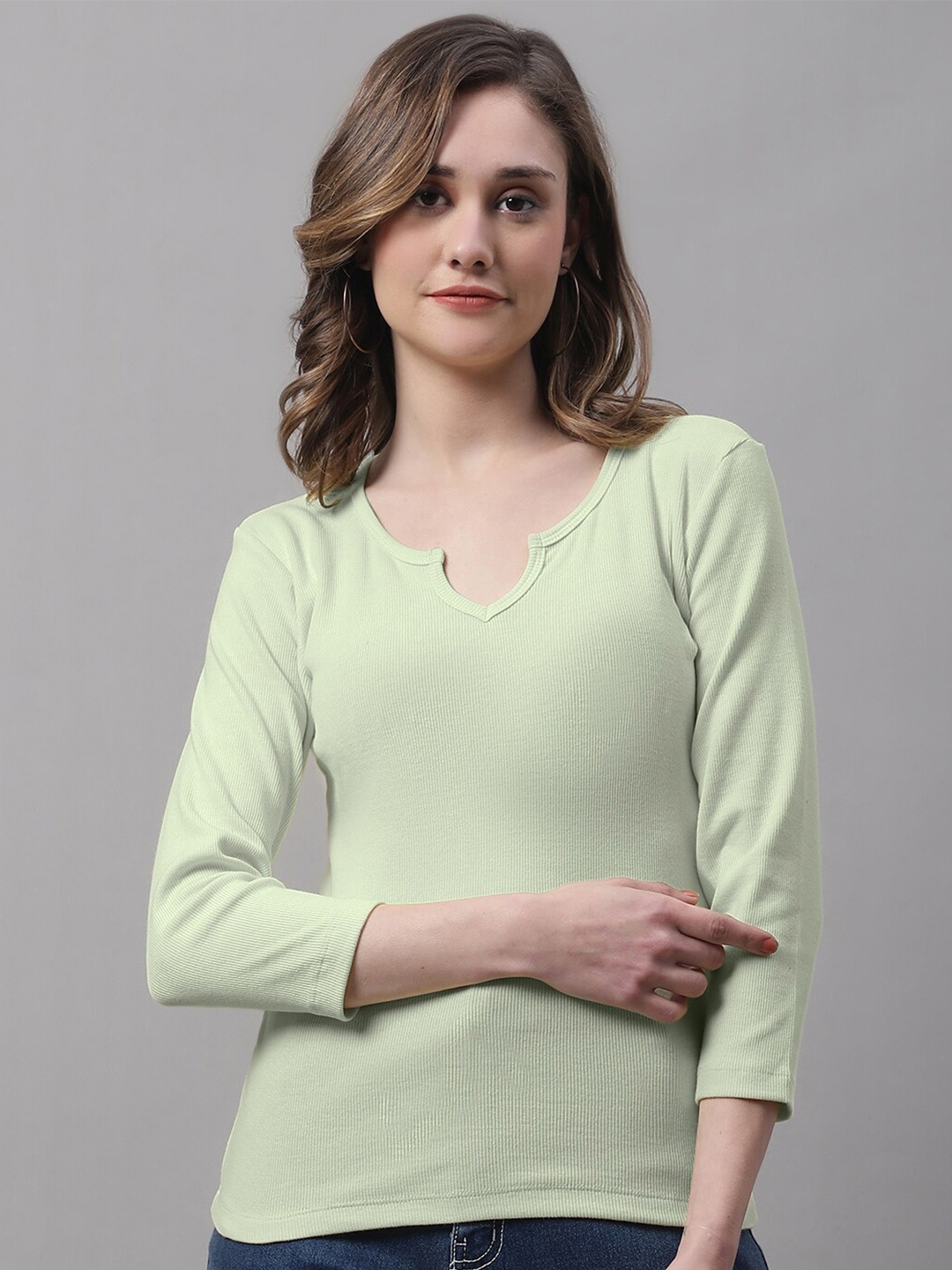 

FBAR Round Neck With Notched Neck Cotton Regular Top, Sea green