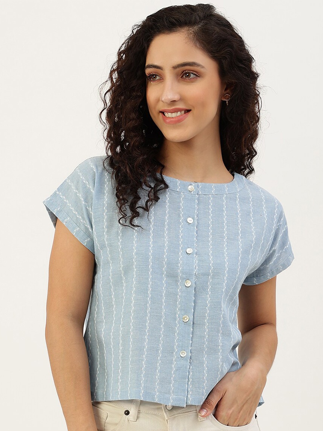 

Lokatita Self Design Round Neck Cotton Regular Top, Blue