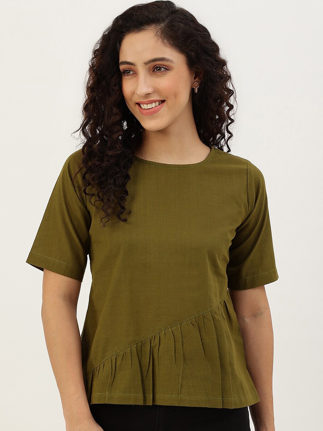 

Lokatita Round Neck Cotton Regular Top, Olive