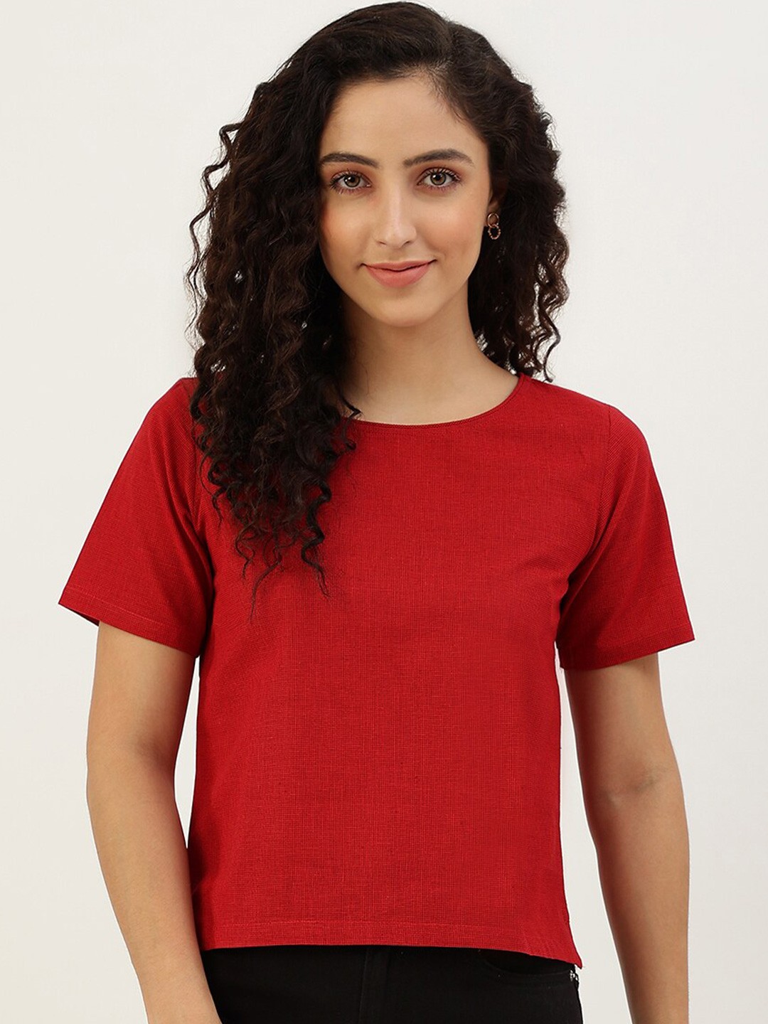 

Lokatita Round Neck Cotton Regular Top, Red