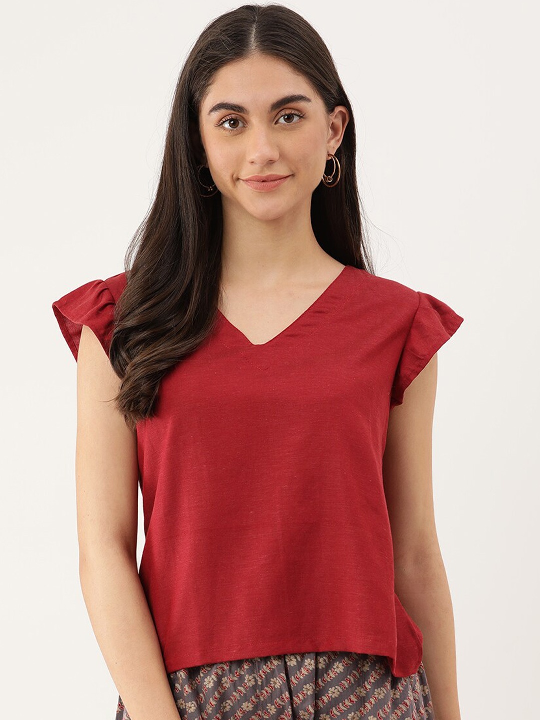 

Lokatita V-Neck Cap Sleeve Linen Regular Top, Red