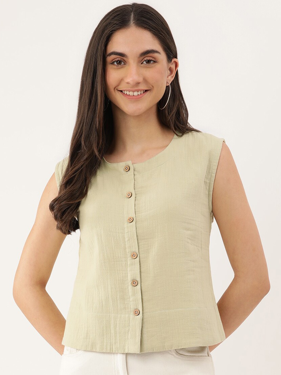 

Lokatita Round Neck Sleeveless Cotton Regular Top, Khaki