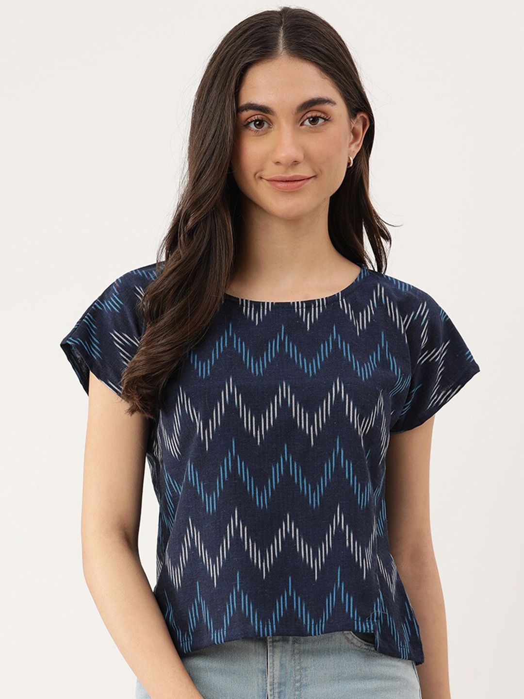 

Lokatita Chevron Printed Cotton Regular Top, Blue