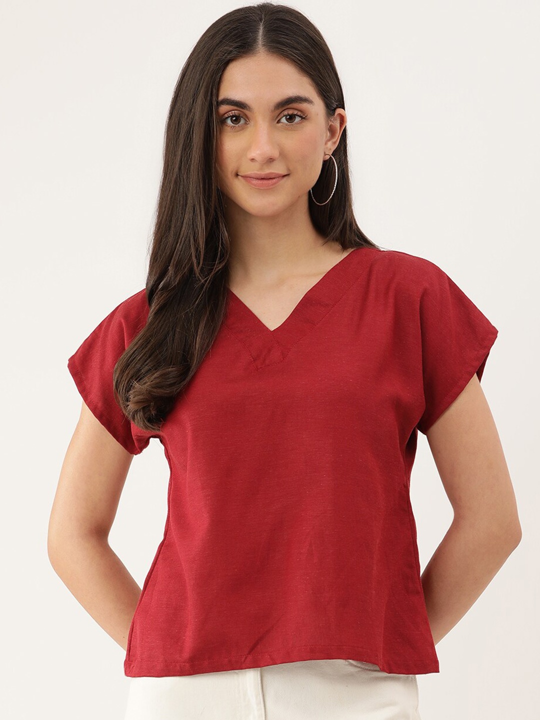 

Lokatita V-Neck Extended Sleeve Linen Regular Top, Maroon