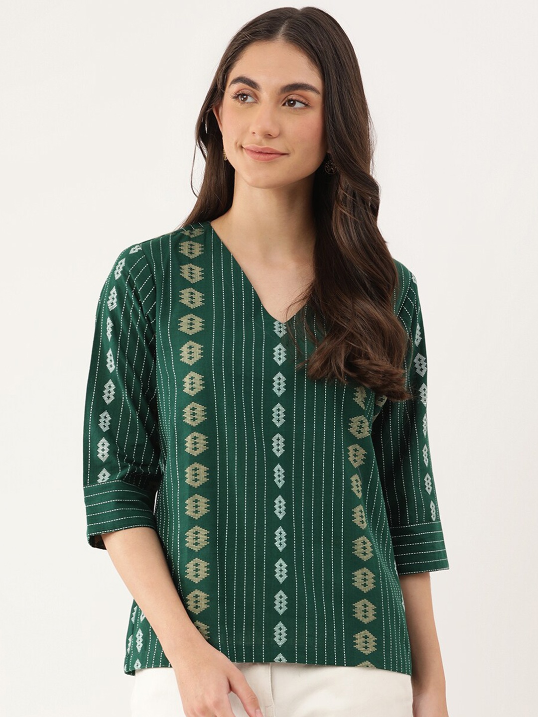 

Lokatita V-Neck Vertical Striped Fusion Pure Cotton Top, Green
