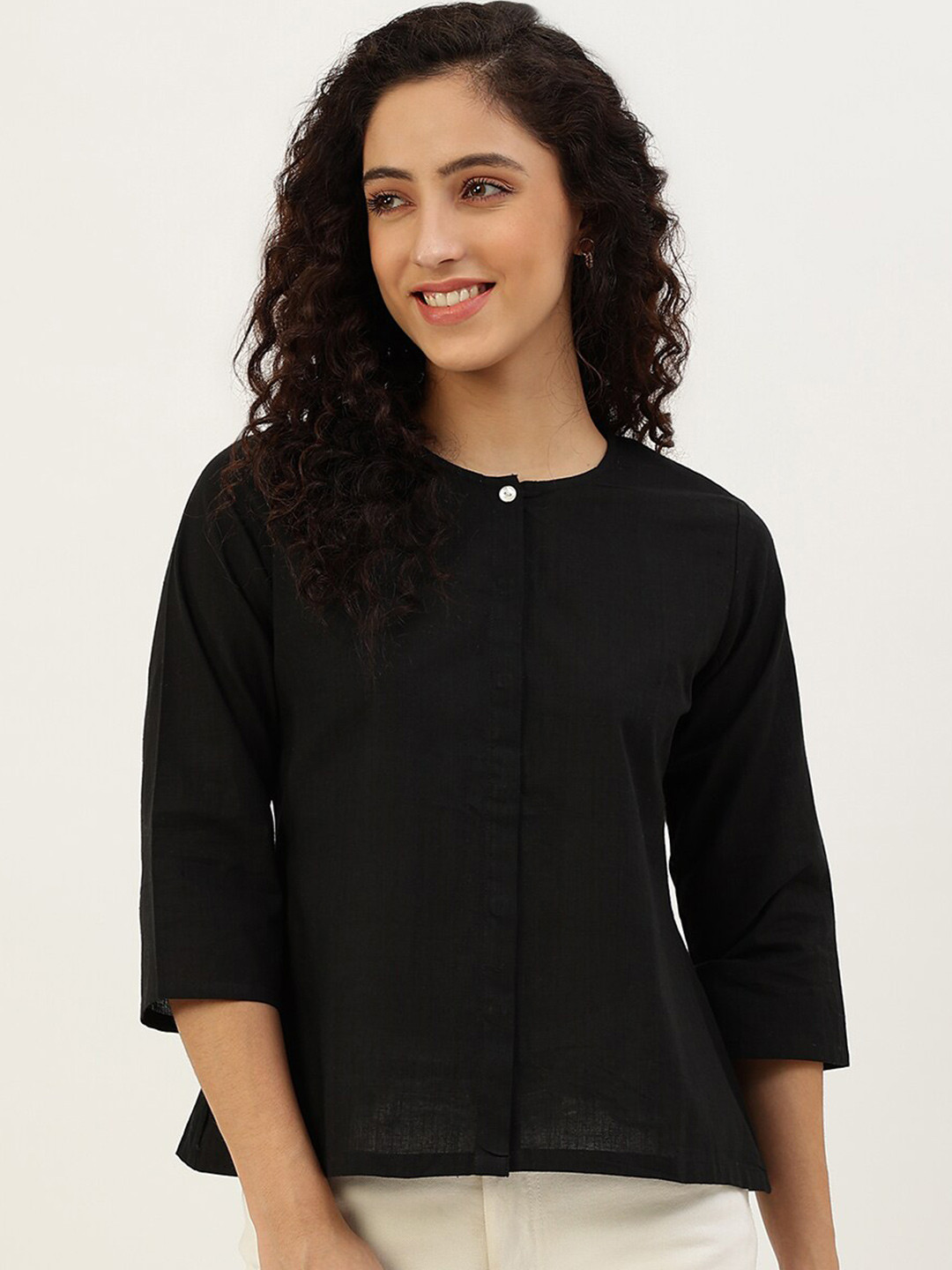 

Lokatita Round Neck Pleated Pure Cotton Top, Black