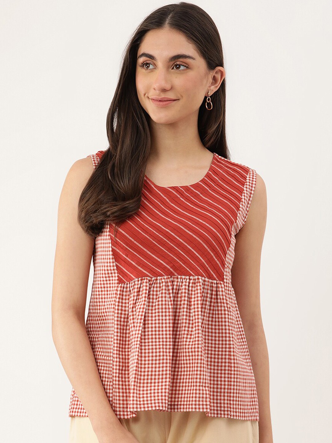 

Lokatita Checked sleeveless Gathered Pure Cotton Top, Orange