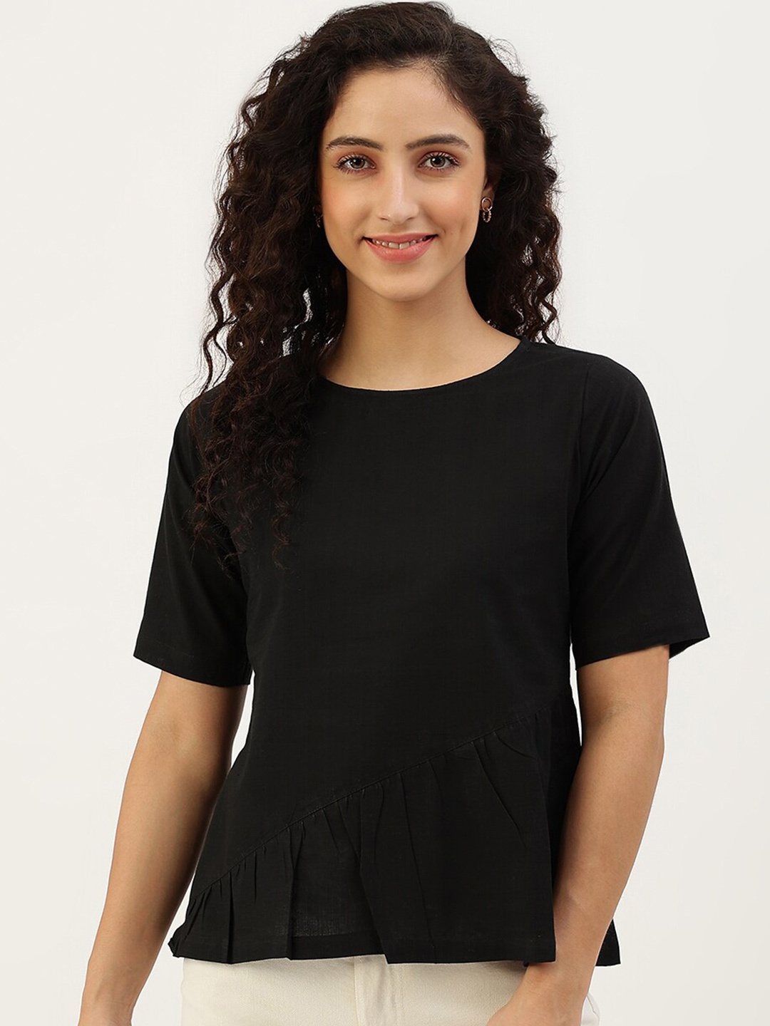 

Lokatita Round Neck Short Sleeves Gathered Pure Cotton Top, Black