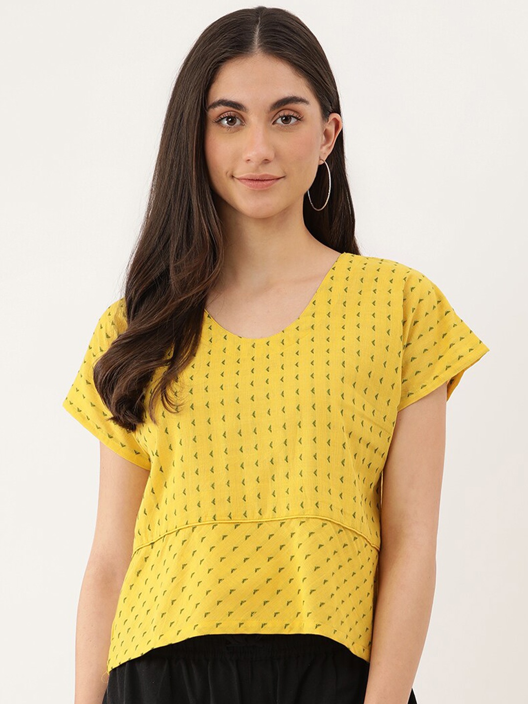 

Lokatita Ethnic Motifs Embroidered Extended Sleeves Pure Cotton Top, Yellow