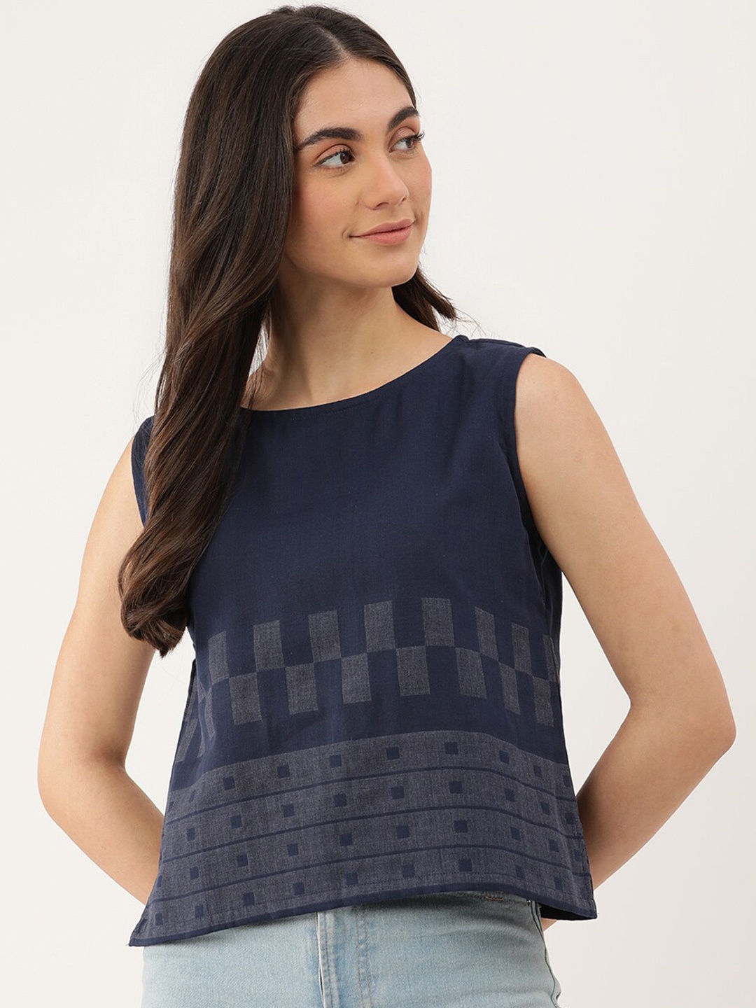 

Lokatita Print Round Neck Top, Navy blue