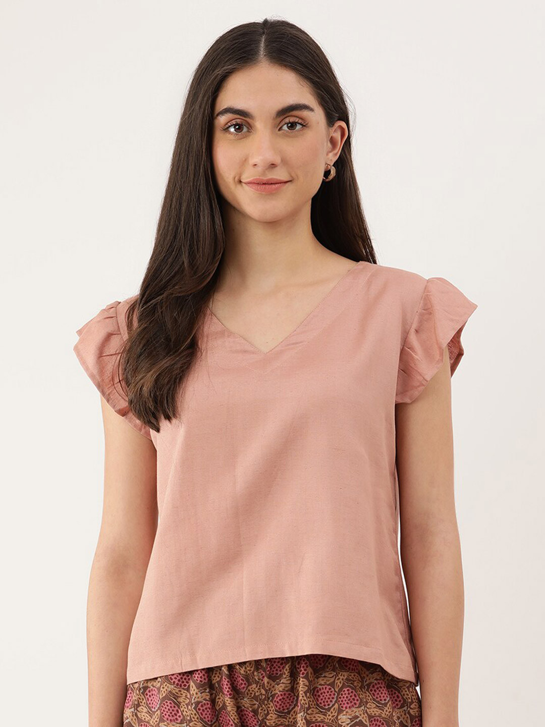 

Lokatita Flutter Sleeve Ruffles Linen Top, Peach