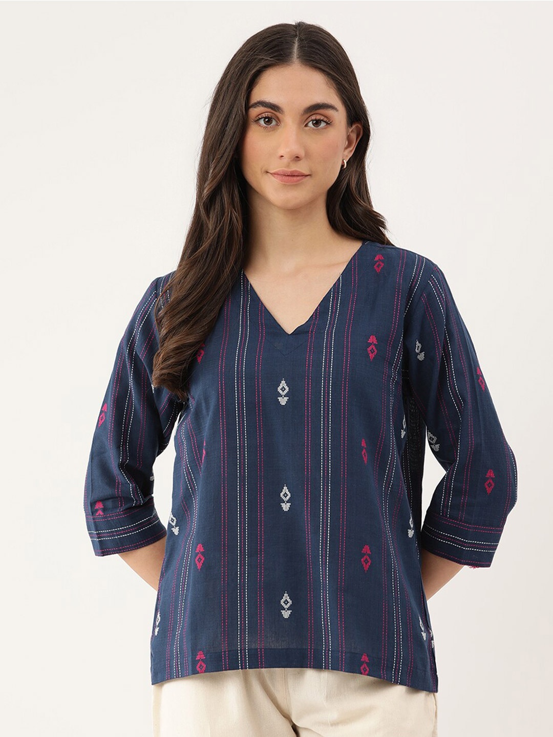 

Lokatita Ethnic Motifs Printed Pure Cotton Top, Blue