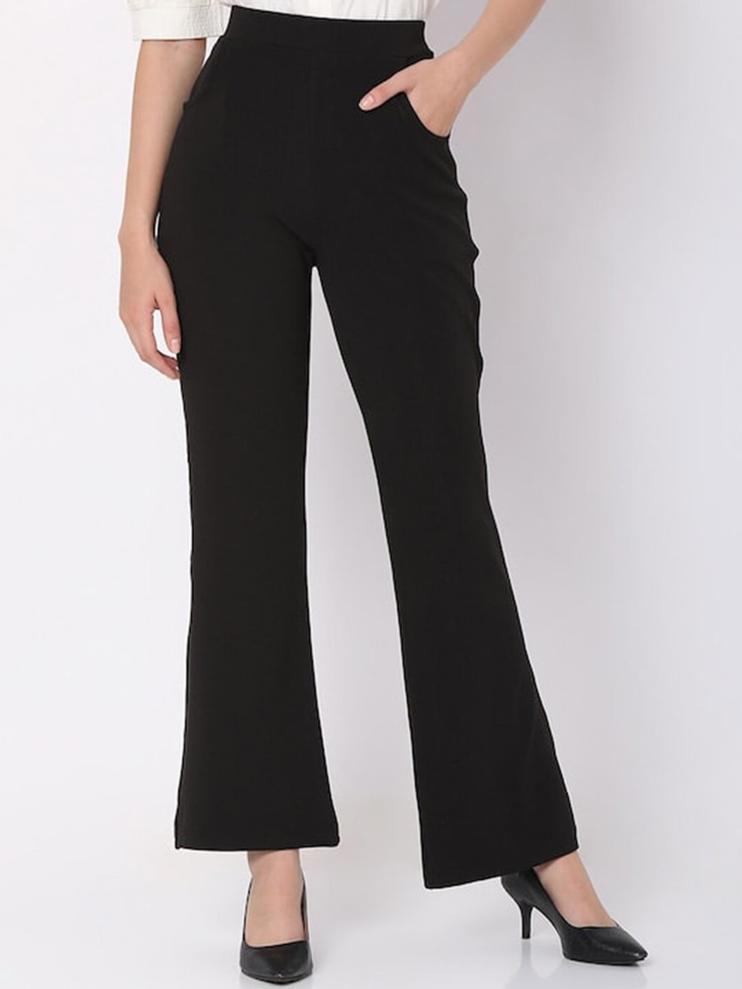 

WESTHOOD Women Smart Flared High-Rise Bootcut Trousers, Black