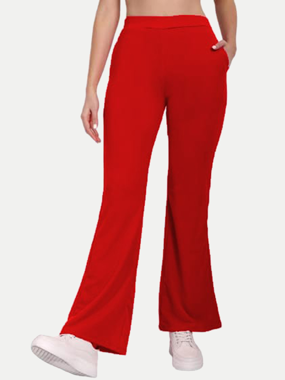

WESTHOOD Women Smart Flared High-Rise Bootcut Trousers, Red