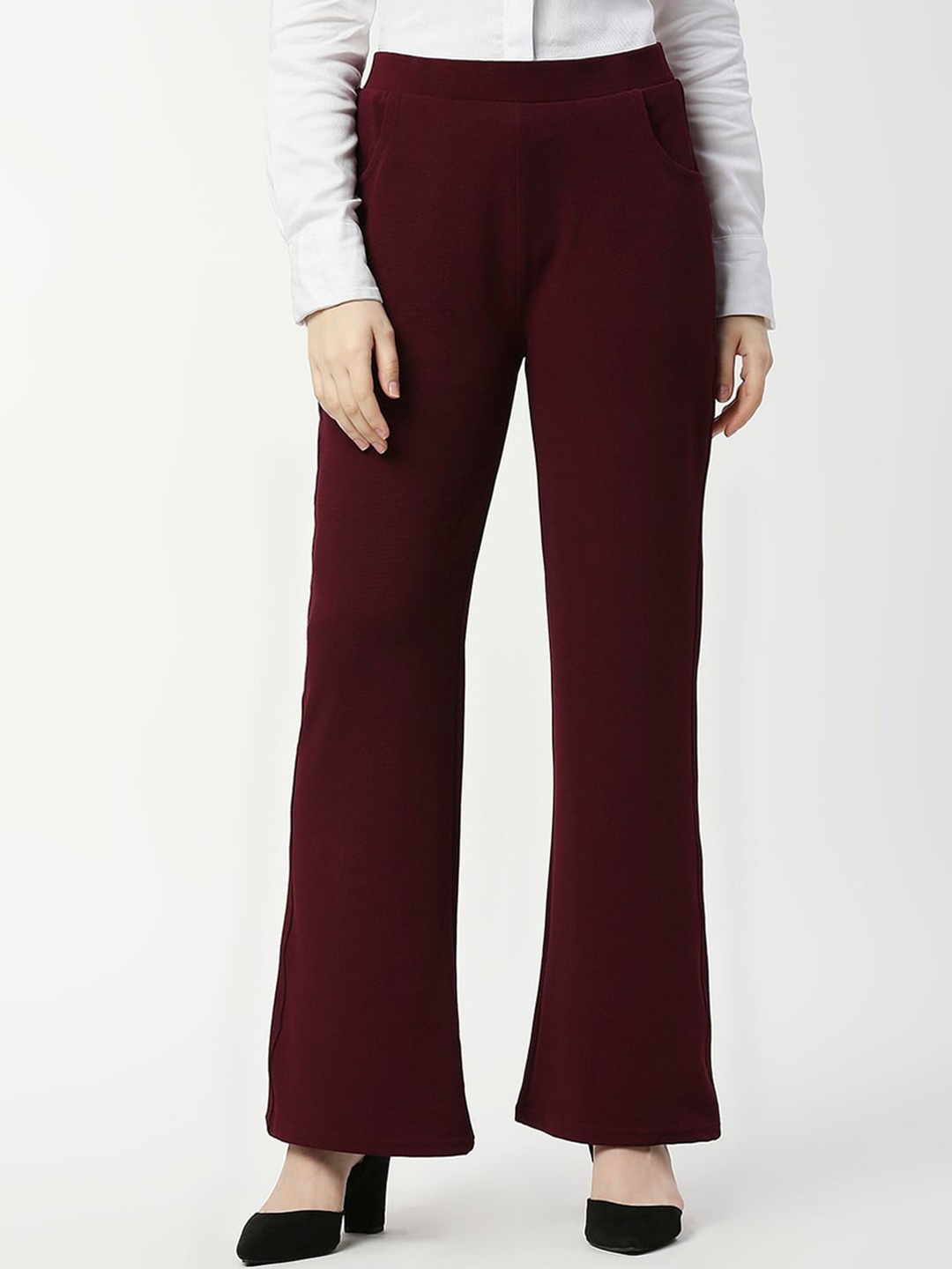 

WESTHOOD Women Smart Flared High-Rise Bootcut Trousers, Maroon