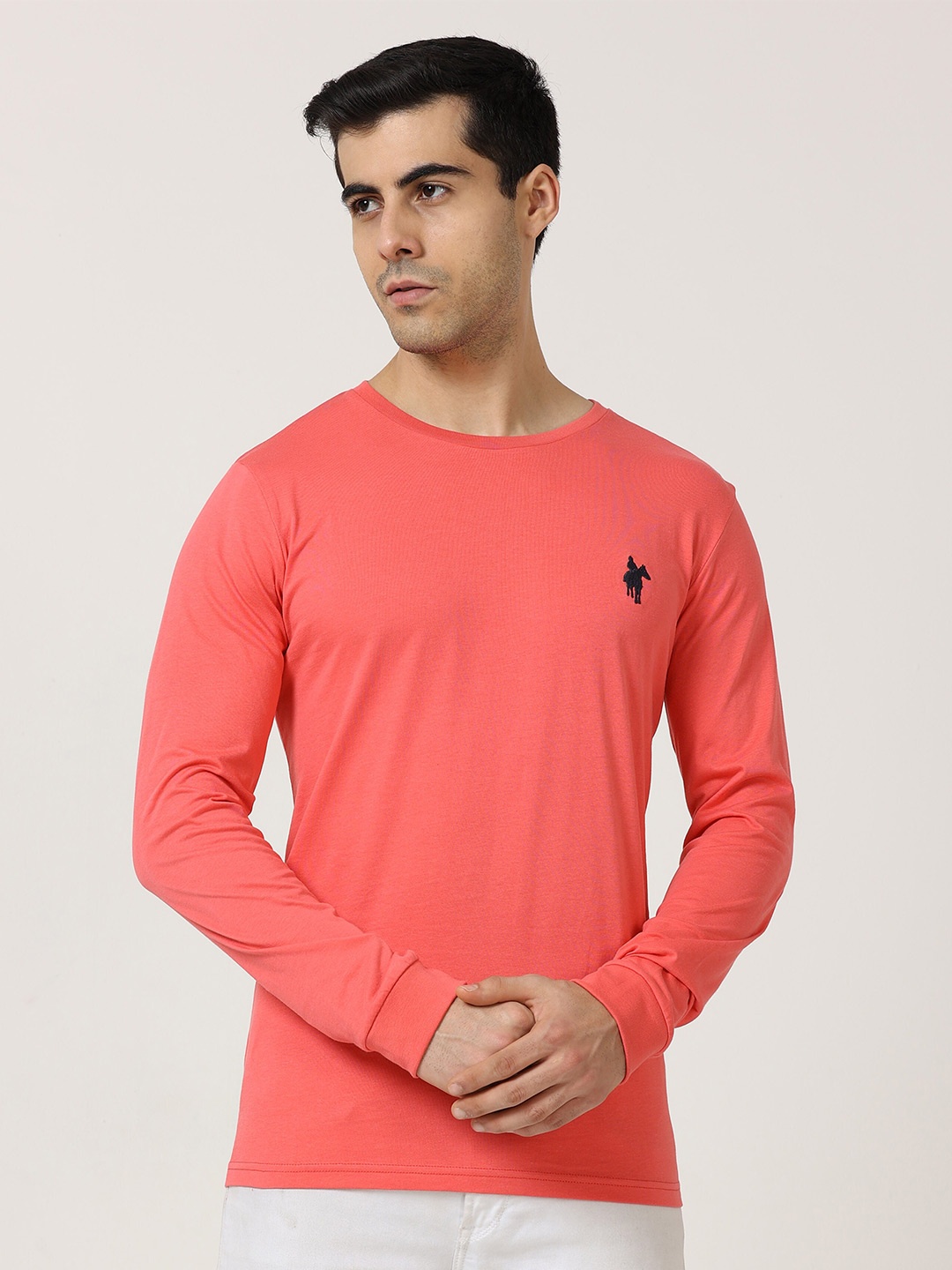 

Masculino Latino Round Neck Long Sleeves Cotton T-shirt, Coral