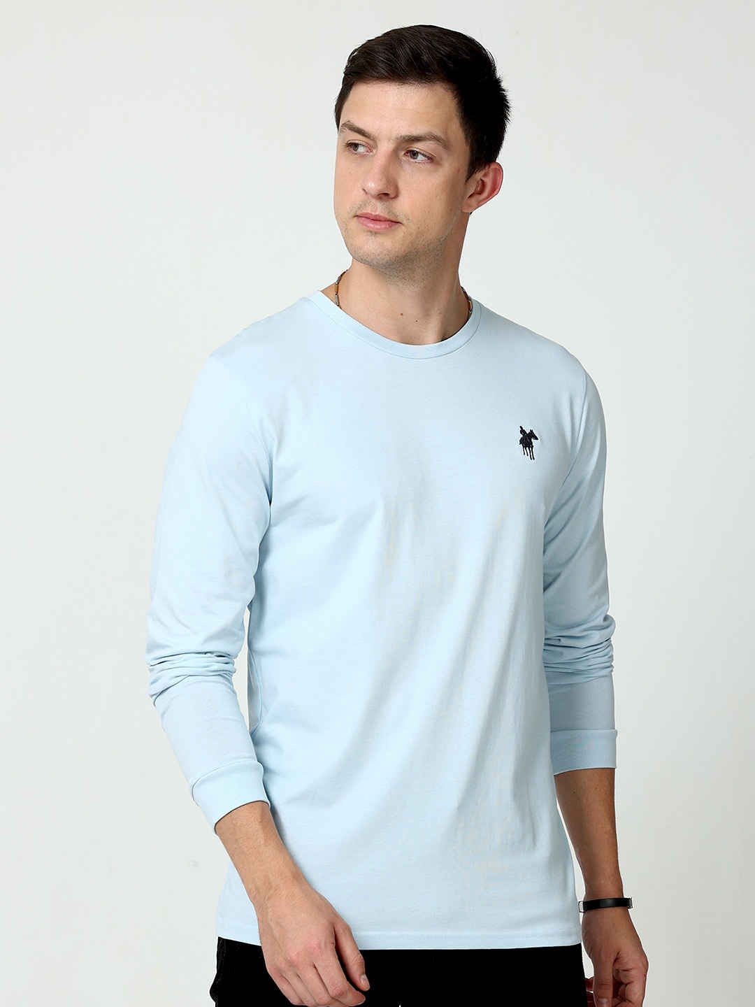 

Masculino Latino Round Neck Long Sleeves Cotton T-shirt, Turquoise blue