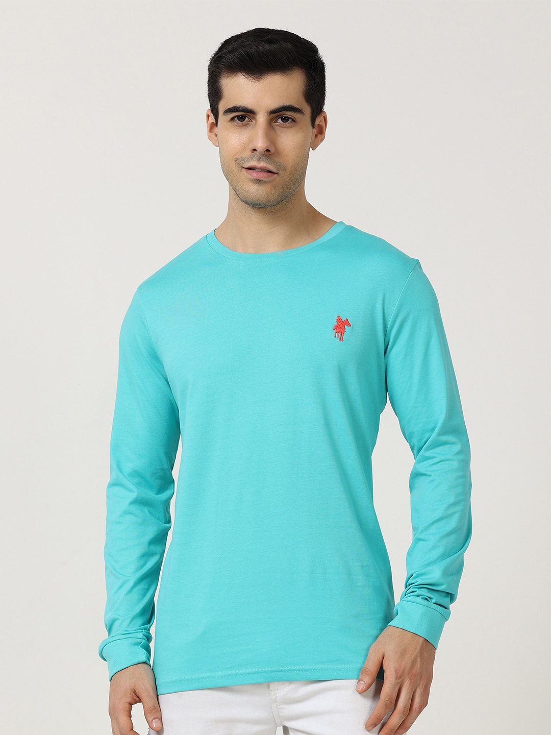 

Masculino Latino Round Neck Long Sleeves Cotton T-shirt, Turquoise blue
