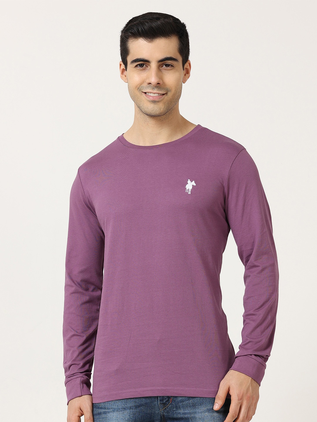 

Masculino Latino Round Neck Long Sleeves Cotton T-shirt, Purple