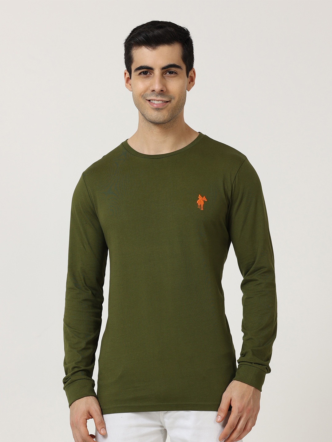 

Masculino Latino Round Neck Long Sleeves Cotton T-shirt, Olive