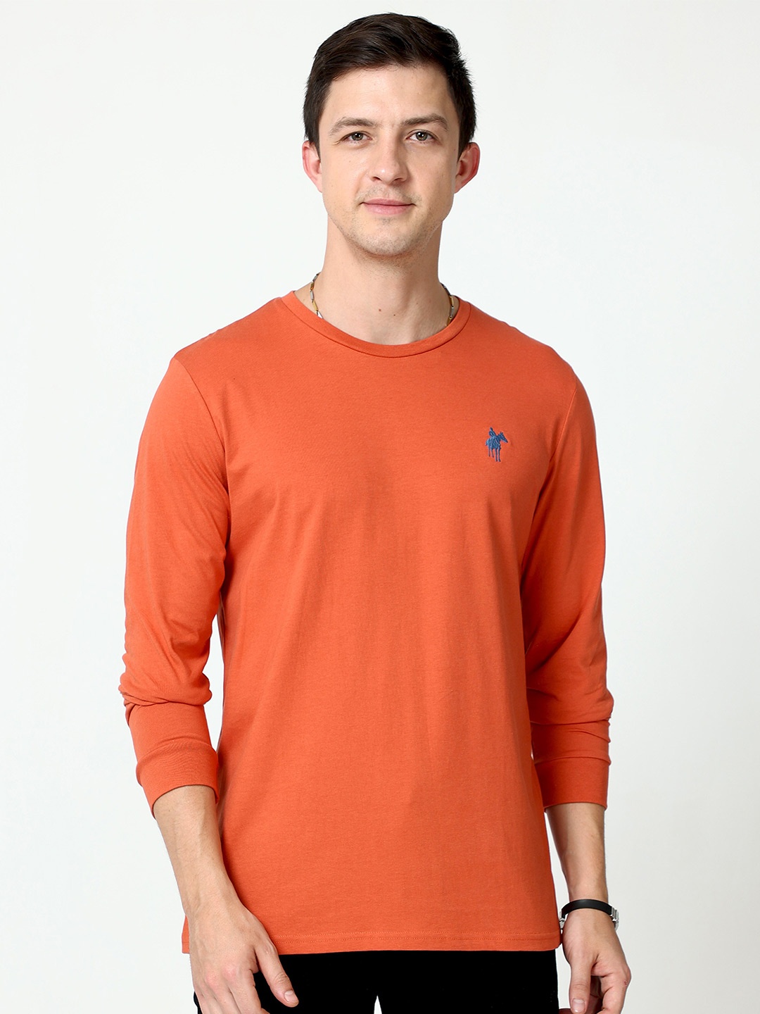 

Masculino Latino Round Neck Long Sleeves Cotton T-shirt, Rust