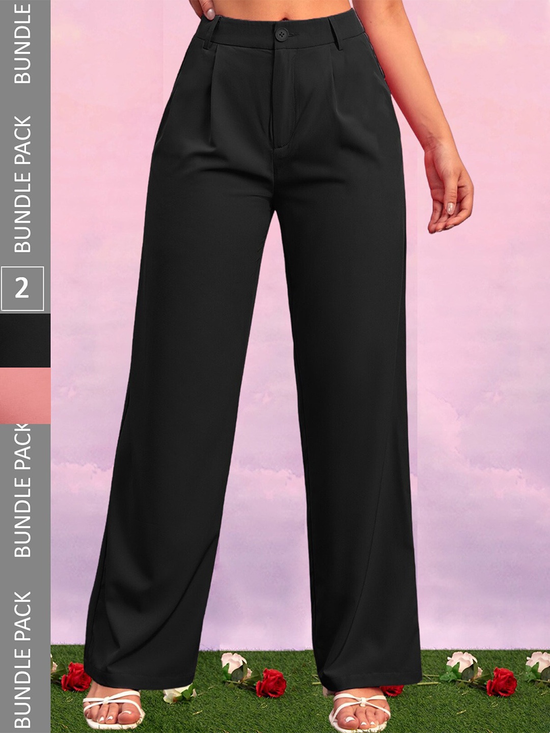 

LEE TEX Women Pack Of 2 Relaxed Straight Leg High-Rise Pleated Trousers, Black