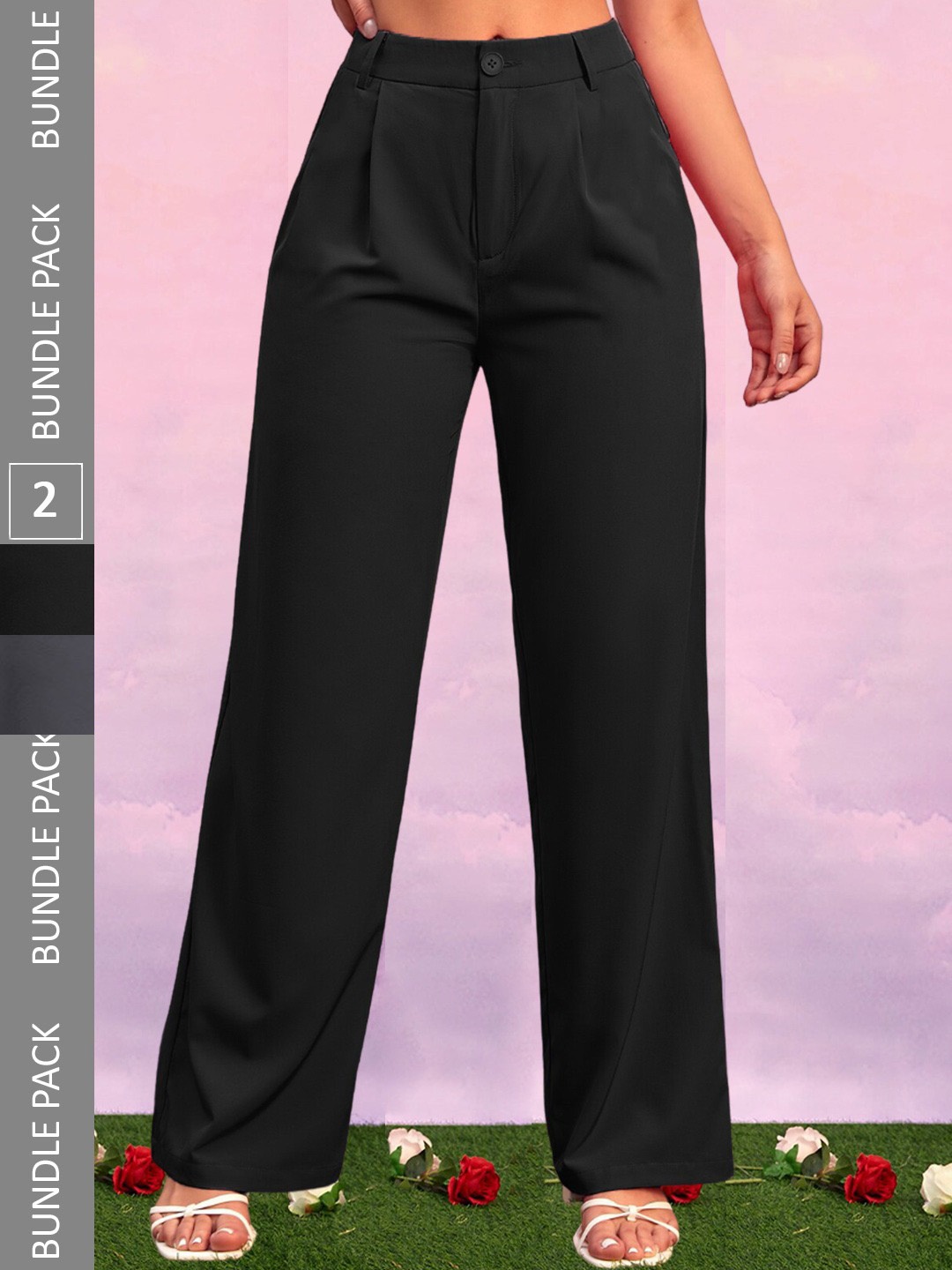 

LEE TEX Women Pack Of 2 Relaxed Straight Leg High-Rise Pleated Trousers, Black