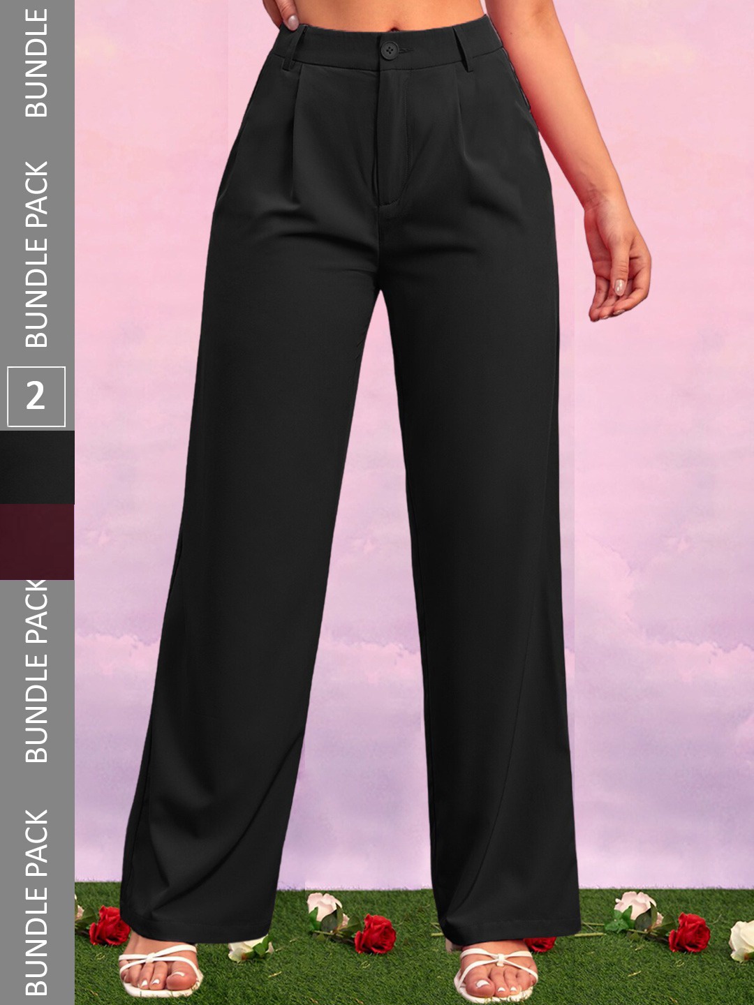 

LEE TEX Women Pack Of 2 Relaxed Straight Leg High-Rise Pleated Trousers, Black