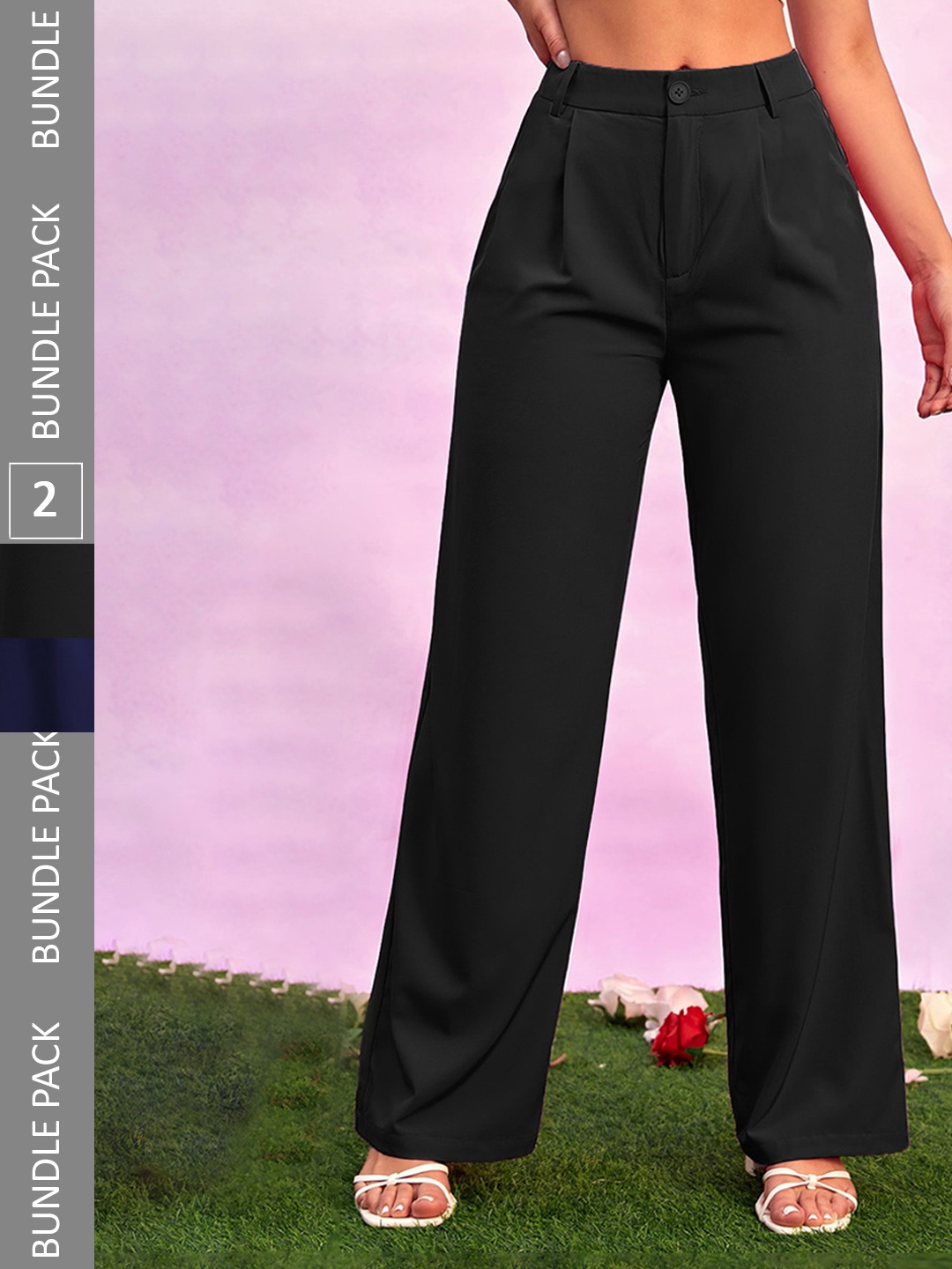 

LEE TEX Women Pack Of 2 Relaxed Straight Leg High-Rise Pleated Trousers, Black