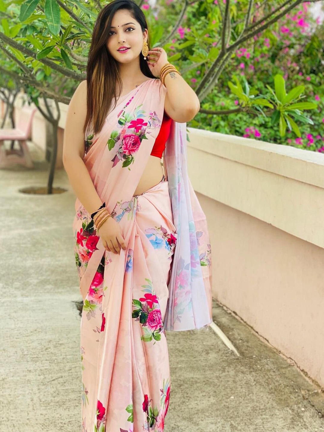 

KALINI Floral Satin Block Print Saree, Peach