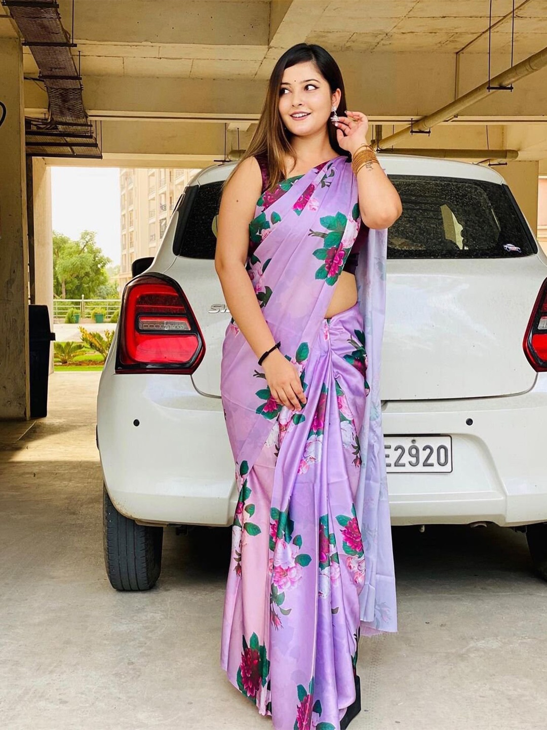 

KALINI Floral Satin Block Print Saree, Purple